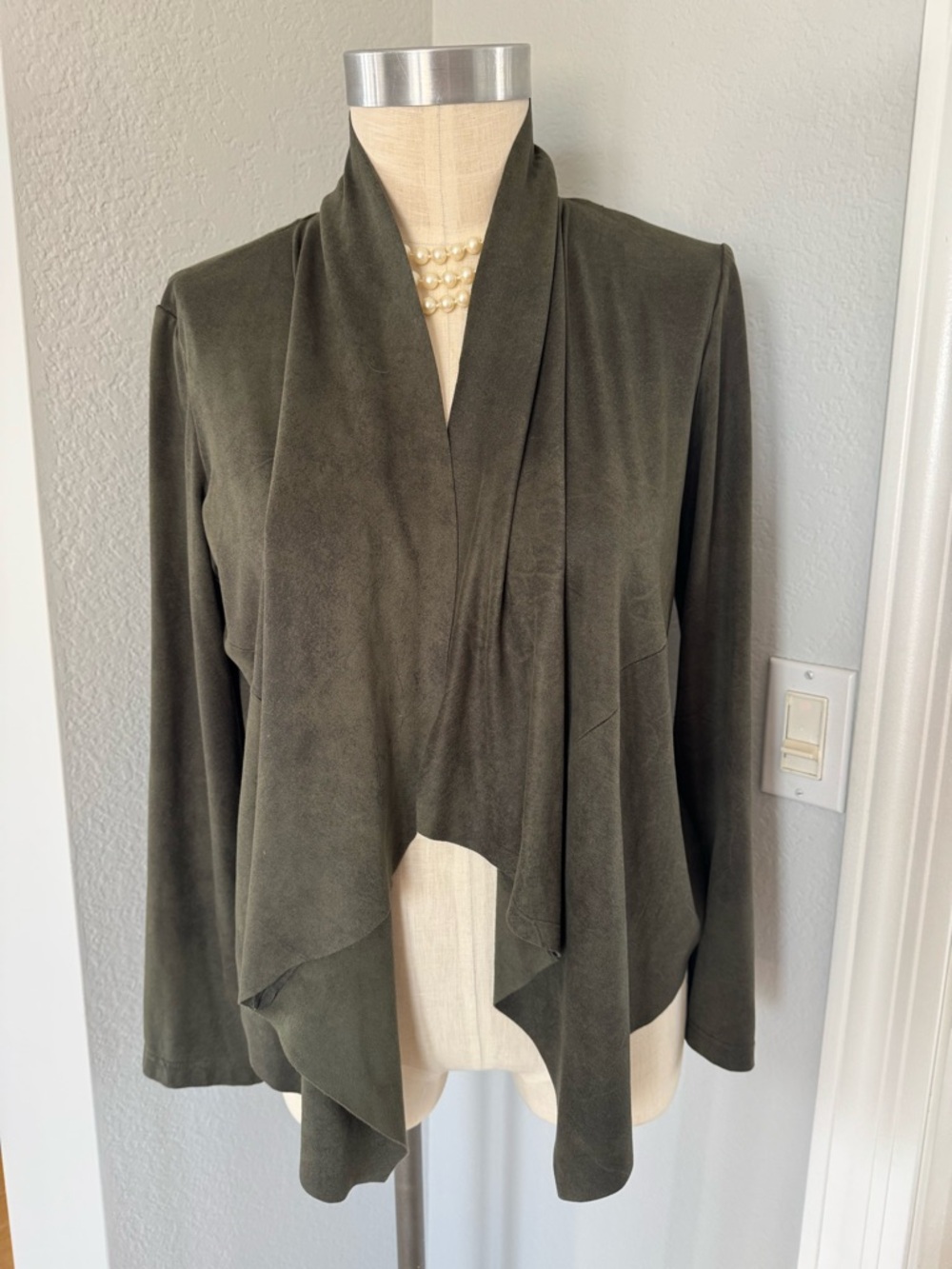 Bagatelle Olive Draped Open Front Faux Suede Cardigan Large